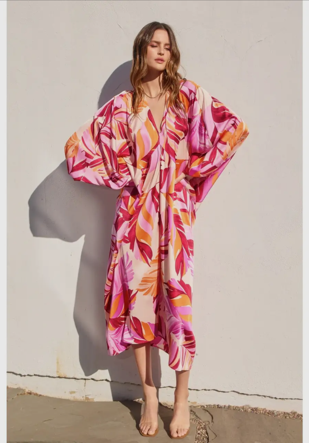 Tropical Print Satin Caftan Dress