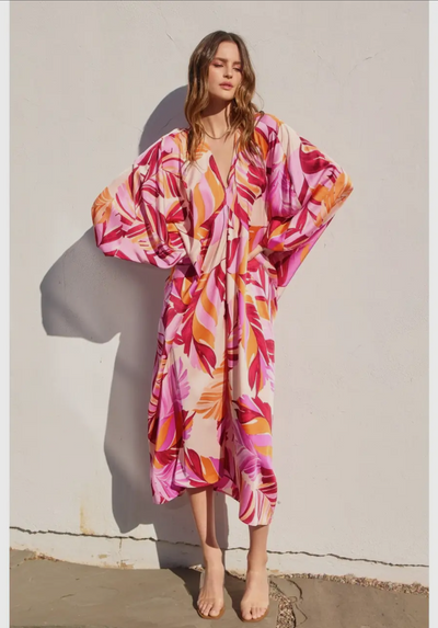 Tropical Print Satin Caftan Dress