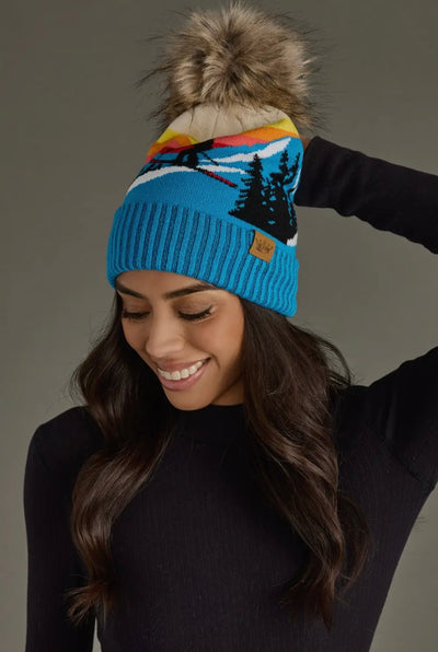 Blue Ski Mountain Landscape Pom Hat