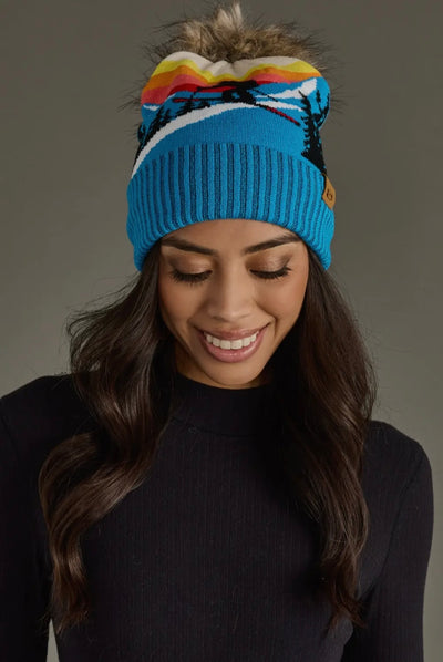 Blue Ski Mountain Landscape Pom Hat