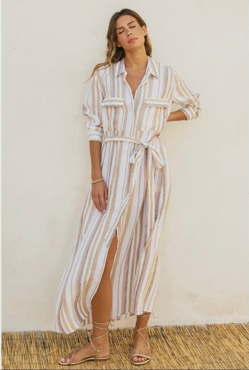 Striped Belted Maxi Shirt Dress Small