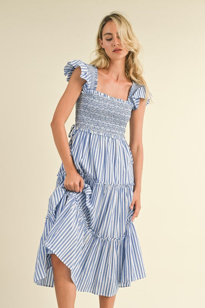 Adeline Striped Smocked Tiered Midi Dress