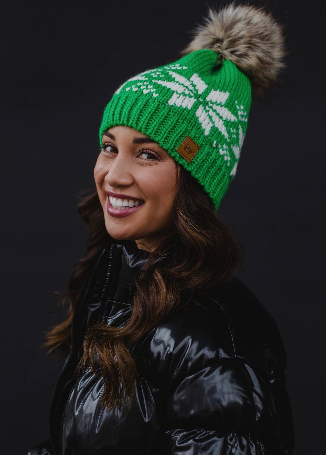 Snowflake Knit Hat with Faux Fur Pom