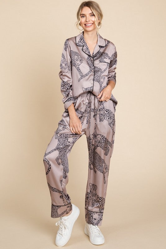 Satin Animal Print Pajama Set