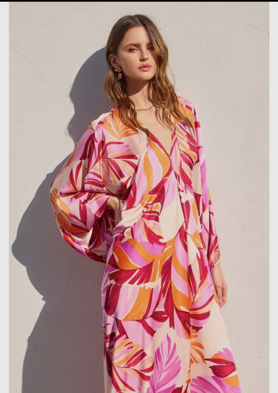 Tropical Print Satin Caftan Dress