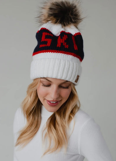 “SKI” Knit Hat with Faux Fur Pom