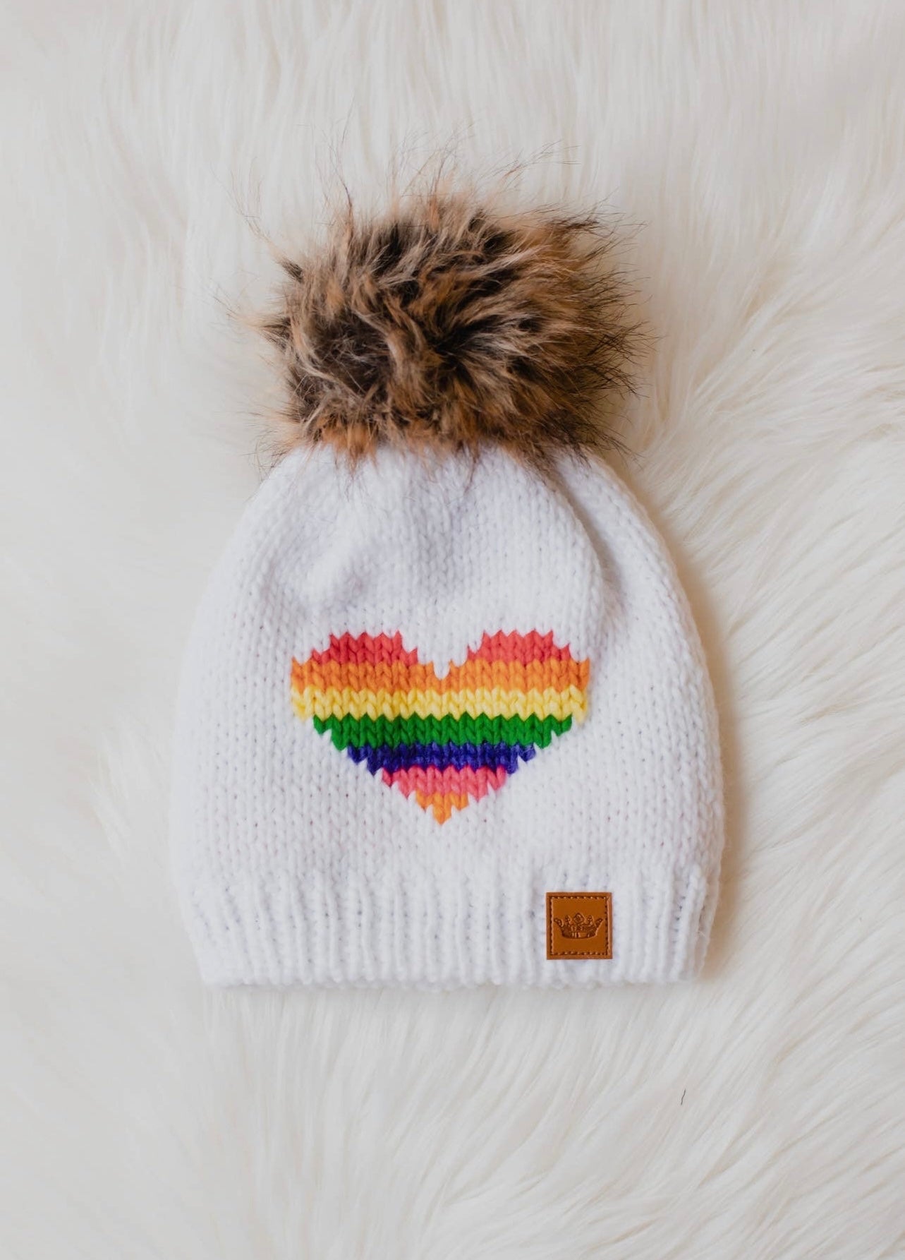 White & Rainbow Heart Knit Hat
