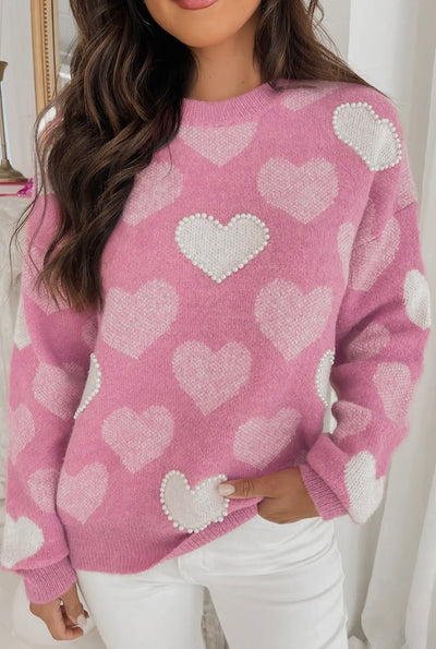 Pearl Detail Heart Pattern Knit Sweater