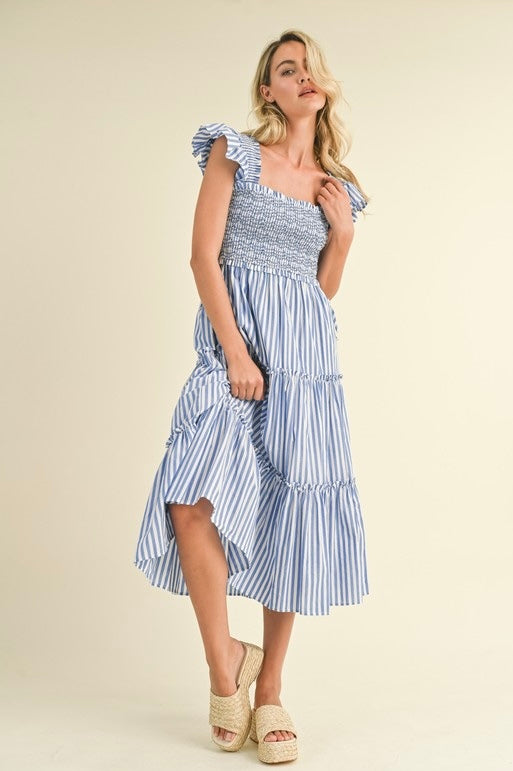 Adeline Striped Smocked Tiered Midi Dress