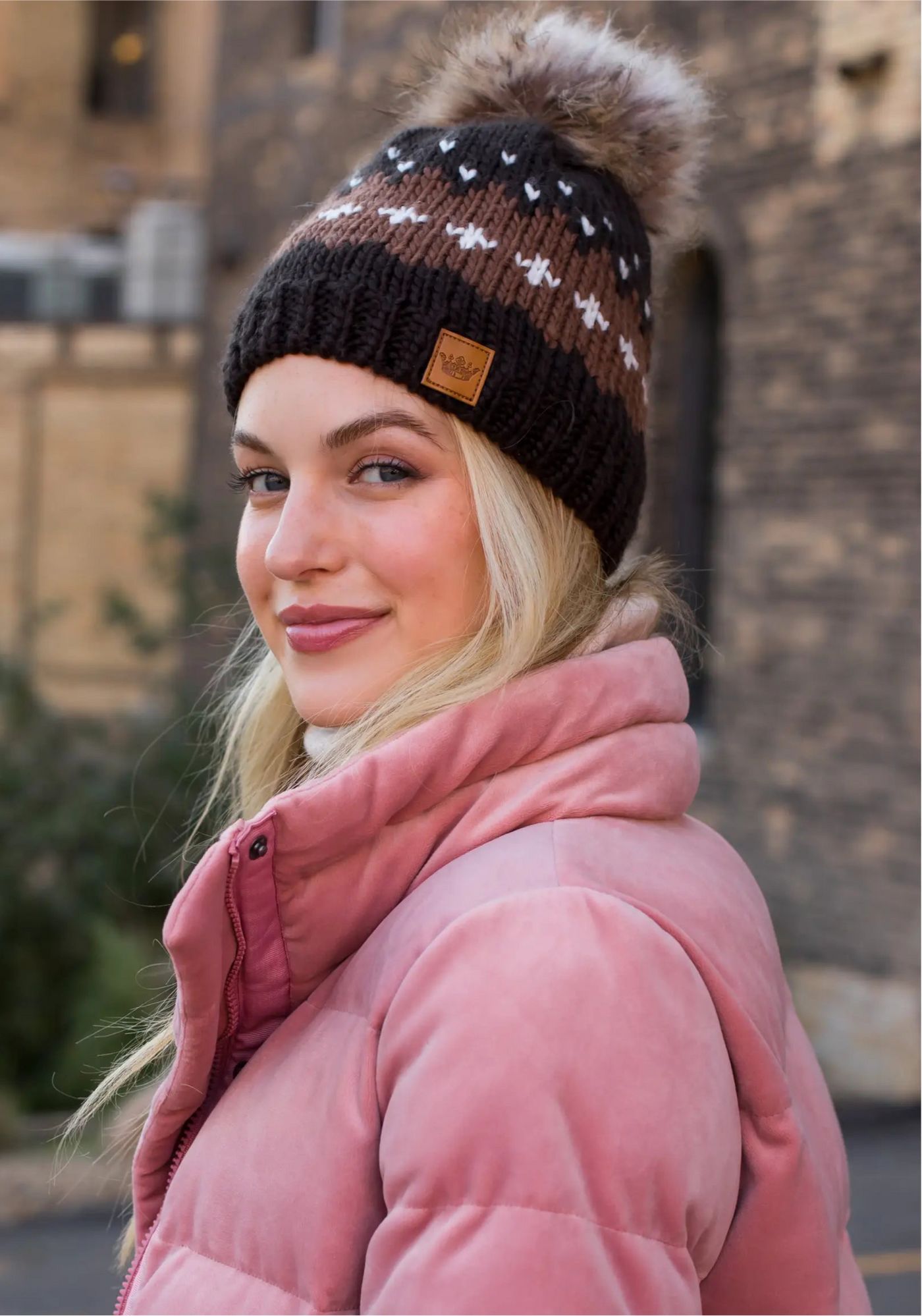 Patterned Knit Hat with Faux Fur Pom