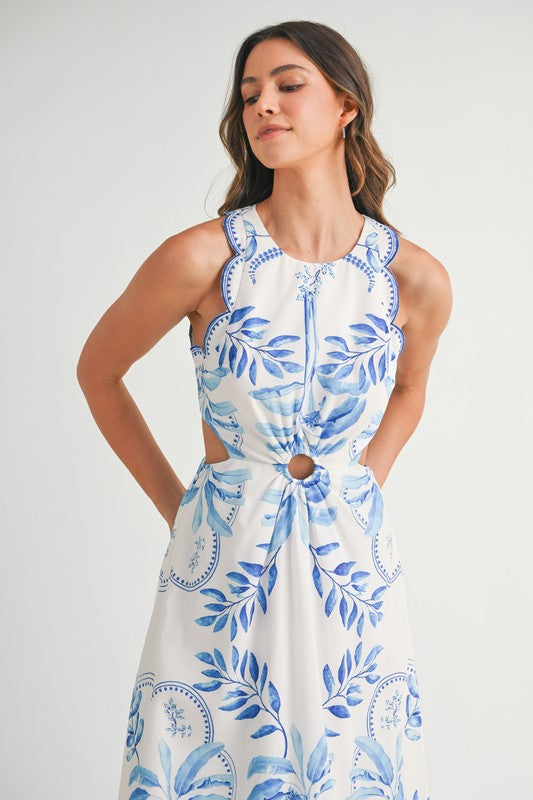 white christmas dresses Pinkblush Floral Scallop Edge Back Cutout Maxi Dress in Blue at Nordstrom, Size Small main image 1