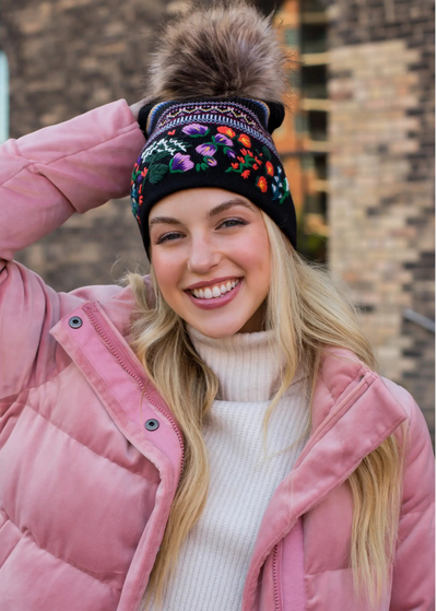 Embroidered Knit Hat with Faux Fur Pom