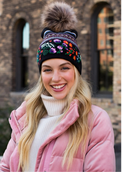 Embroidered Knit Hat with Faux Fur Pom