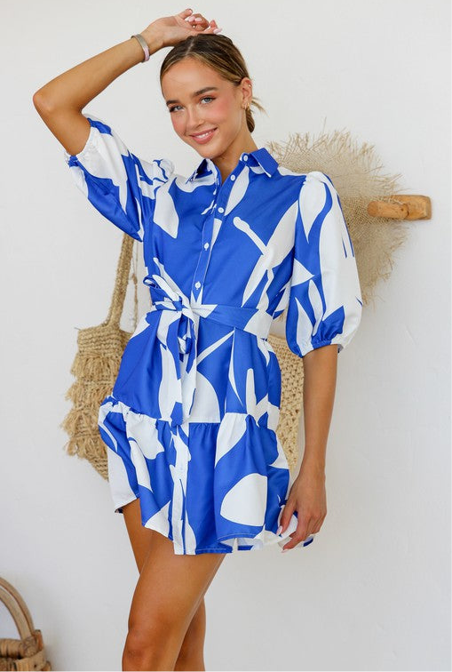 Simone Leaf Print Button-up Shirt Dress