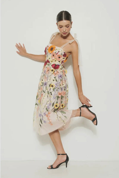 Floral Appliqué Tulle Midi Dress