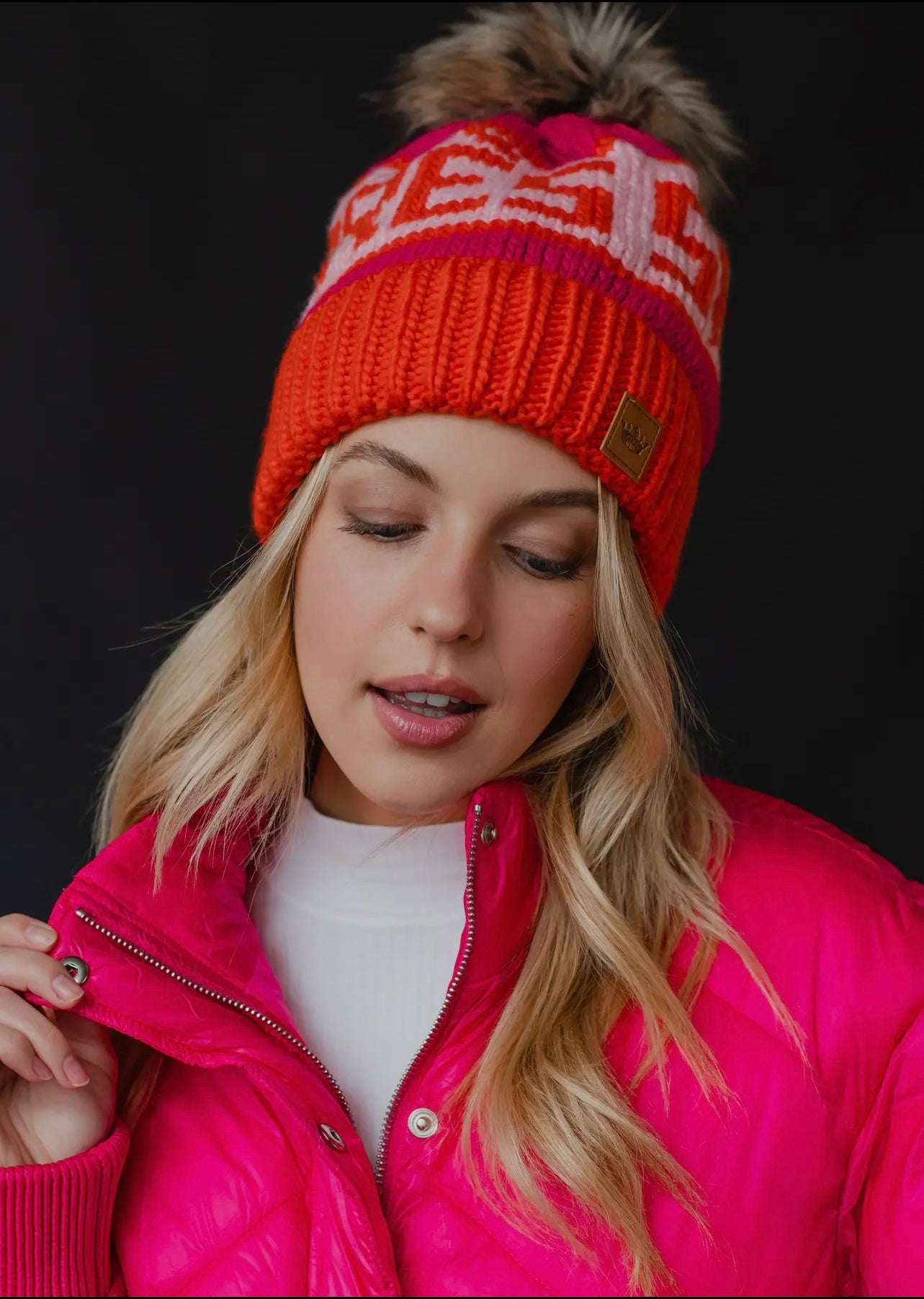 Après Ski Knit Hat with Faux Fur Pom