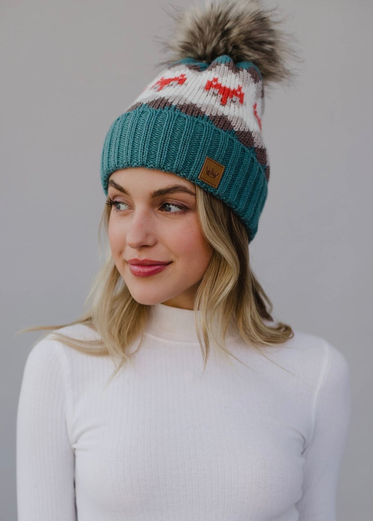 Fox Pattern Knit Hat with Faux Fur Pom