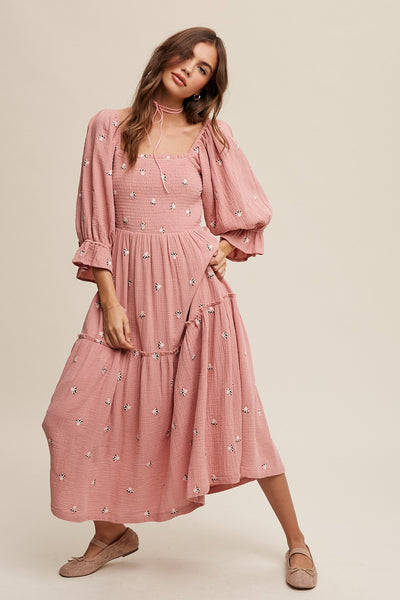 Ditzy Floral Embroidery Puff Sleeve Boho Maxi Dress