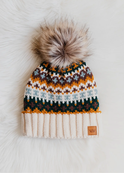 Patterned Knit Hat with Faux Fur pom