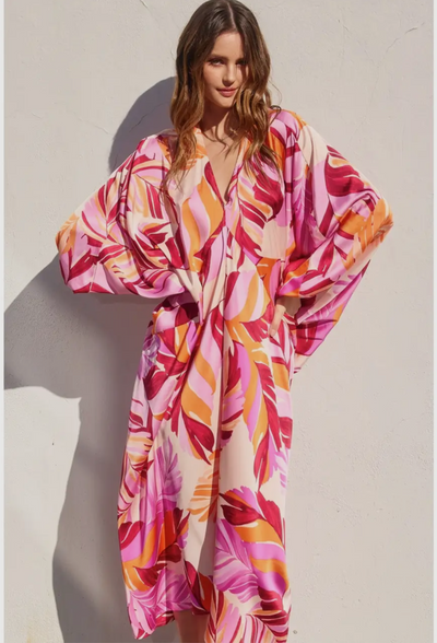 Tropical Print Satin Caftan Dress