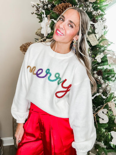MERRY Tinsel Letter Knit Sweater