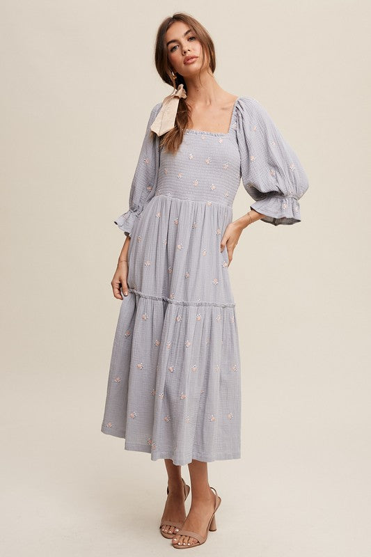 Ditsy Floral Embroidery Puff Sleeve Boho Maxi Dress