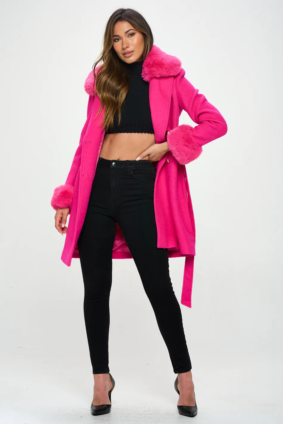 Missguided Tall Longline Faux Fur Coat top in Rose