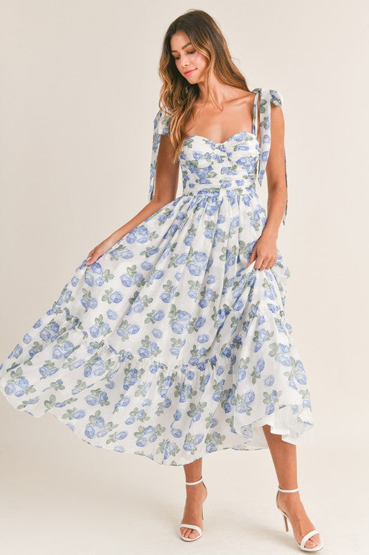 Marlowe Floral Ruched Midi Dress with Shoulder Ties - Medium Marlowe Floral Ruched Midi Dress with Shoulder Ties - Medium
