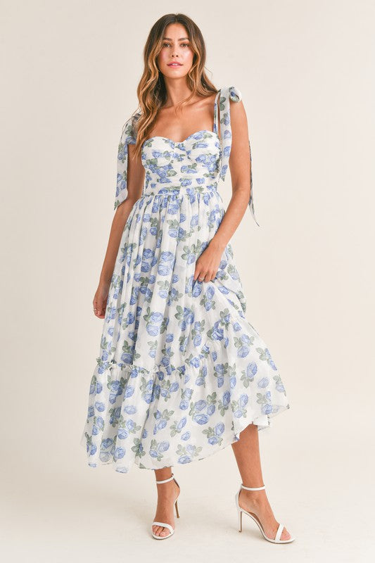 Marlowe Floral Ruched Midi Dress With Shoulder Ties