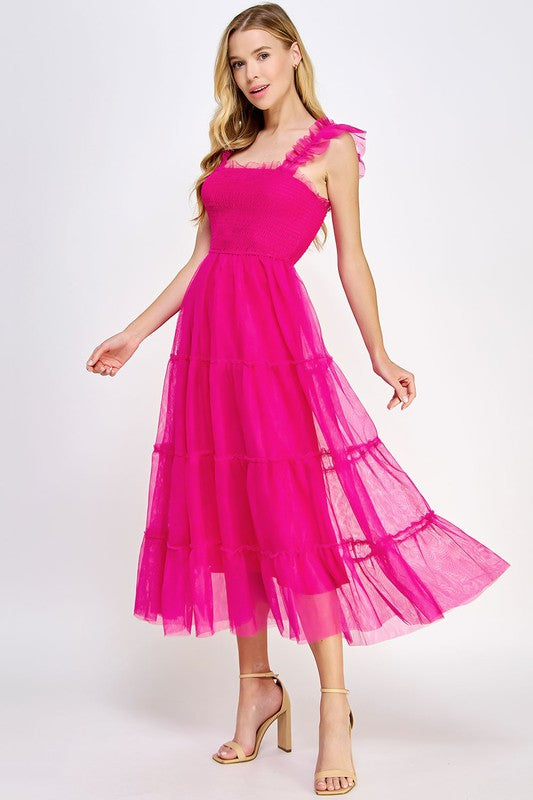 knee length dresses for ladies Misty Rose Strapless Puffy Midi Tulle Dress