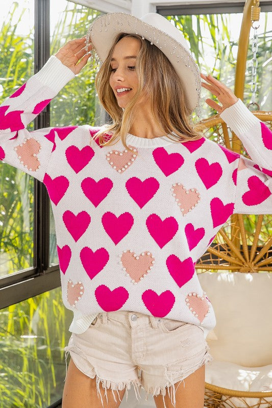 Heart Pattern Pearl Detail Knit Sweater - Main Image