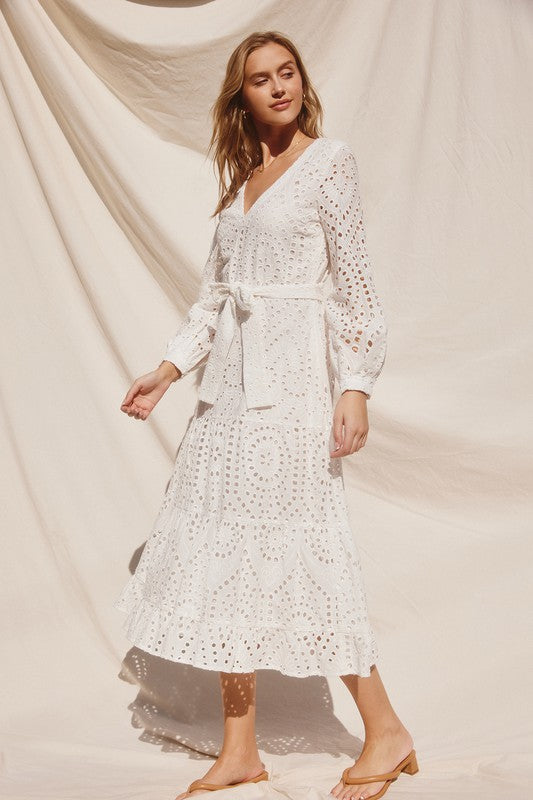 Emilia Eyelet V-Neck Tiered Midi Dress - Medium Emilia Eyelet V-Neck Tiered Midi Dress - Medium