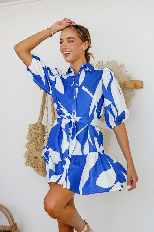 blue and white leaf print dress Fern Relaxed Dress