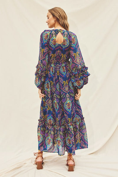 Paola Paisley Jewel Ruffle Detail Maxi Dress