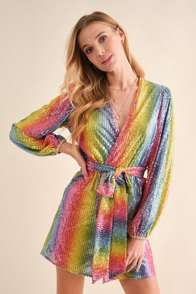 Talia Rainbow Sequin Long Sleeve Wrap Dress