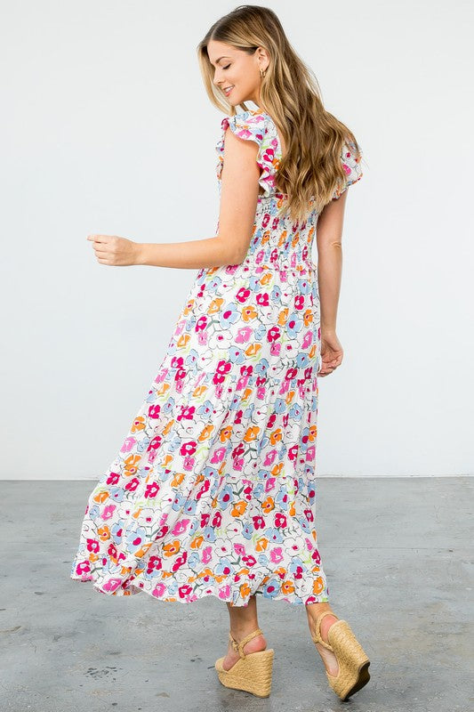 Astrid Smocked Floral Print Tiered Midi Dress - M Astrid Smocked Floral Print Tiered Midi Dress - M