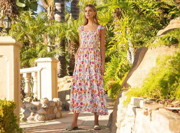 Astrid Smocked Floral Print Tiered Midi Dress - M Astrid Smocked Floral Print Tiered Midi Dress - M