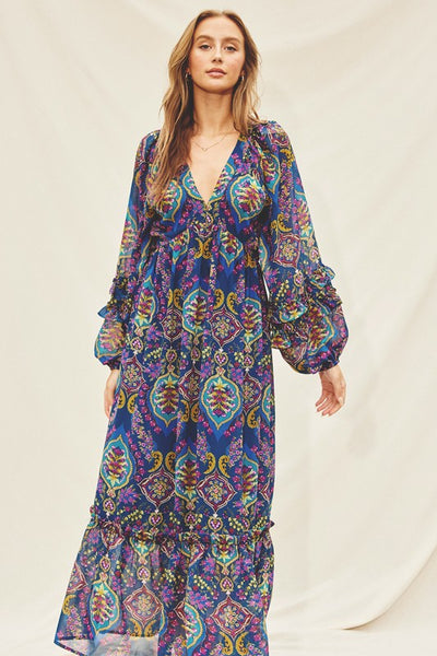 Paola Paisley Jewel Ruffle Detail Maxi Dress