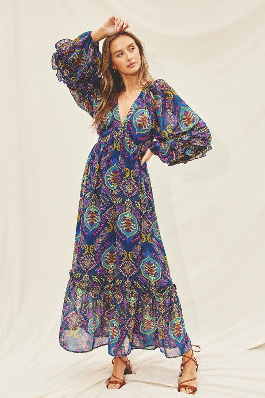 Paisley Jewel Ruffle Detail Maxi Dress