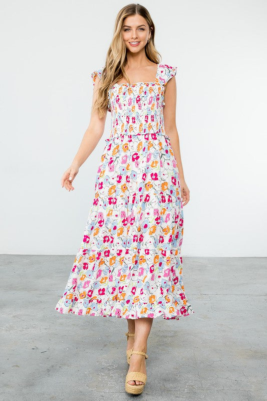 Smocked Flower Print Maxi Dress