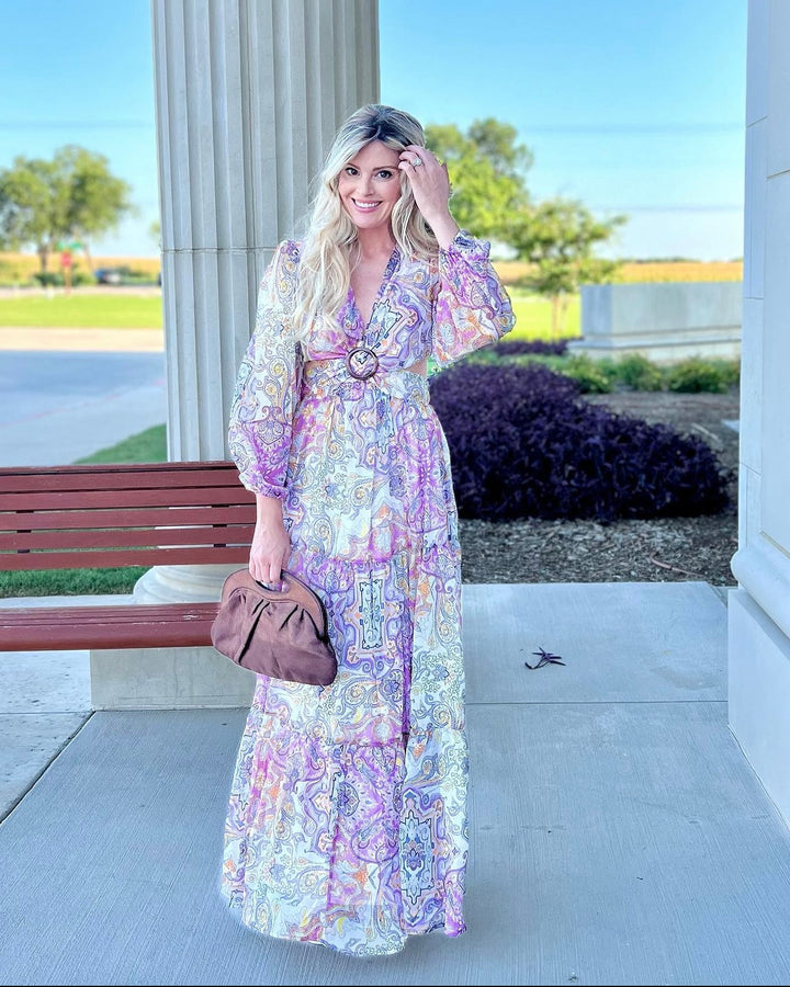chinese dress ladies Presley Paisley Print Long Sleeve V-Neck Maxi Dress