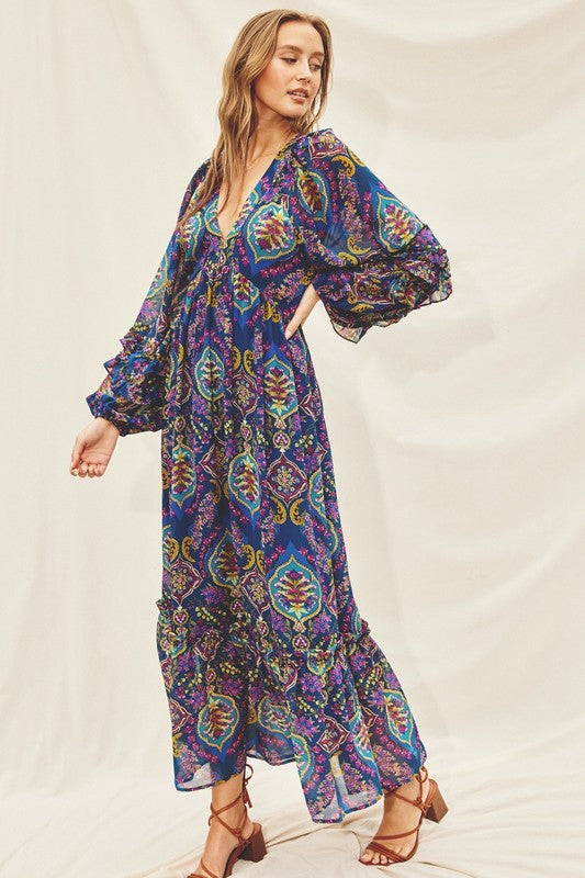 Paisley Jewel Ruffle Detail Maxi Dress