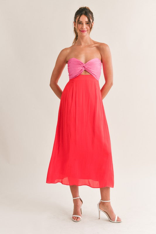 strapless open back dress Fancy Flourish Color Block Mini Dress in Pink Curves main image 1