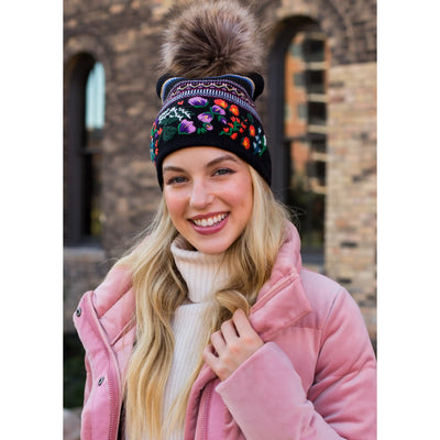 Embroidered Knit Hat with Faux Fur Pom