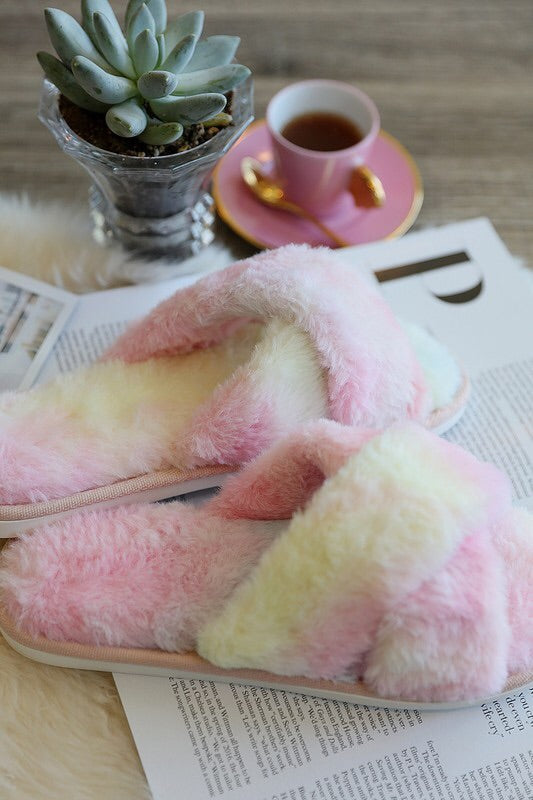 Pink & Yellow Fuzzy Slippers