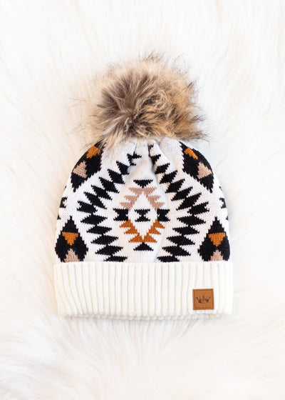 Tribal Pattern Knit Hat with Faux Fur Pom