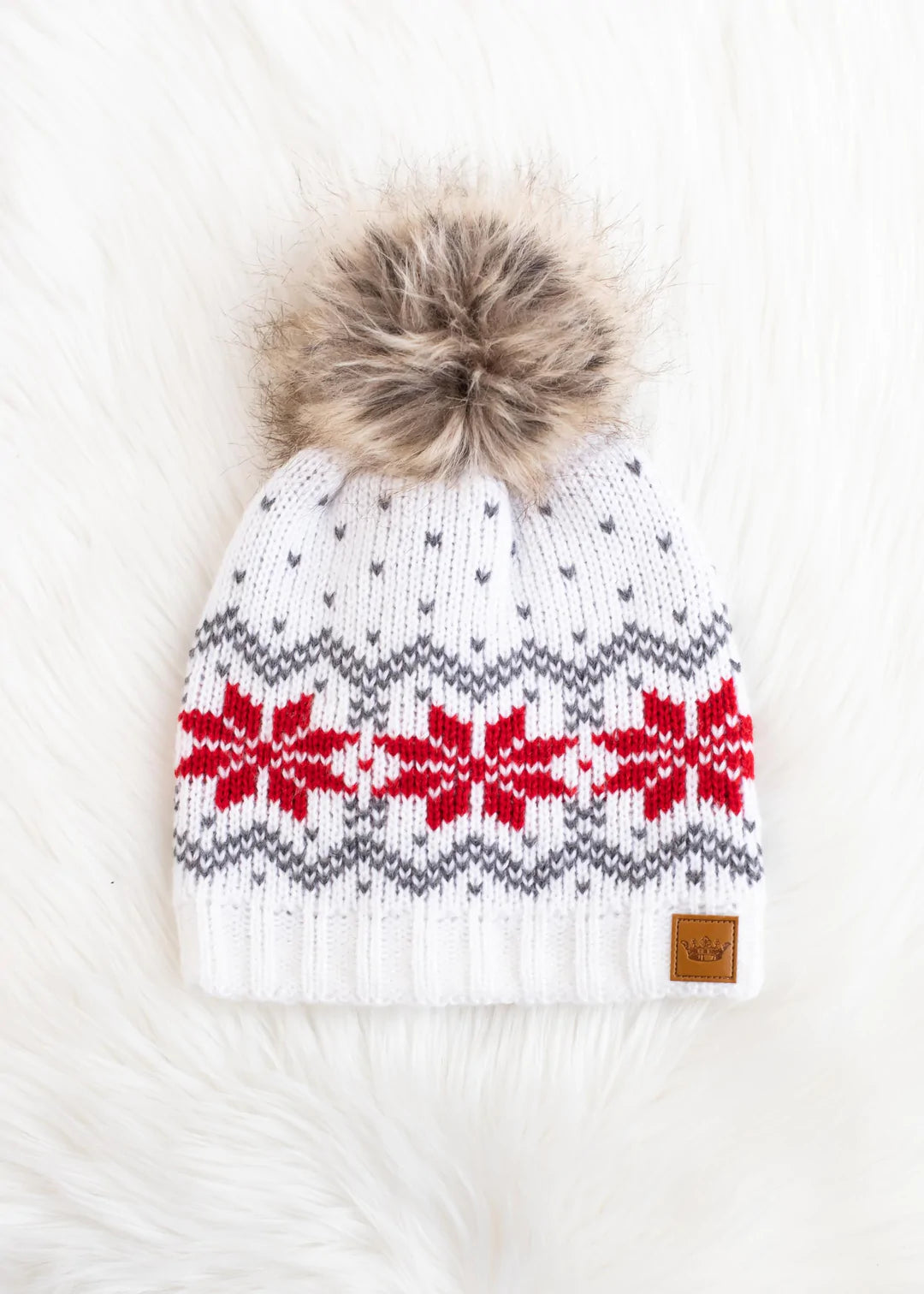 Snowflake Knit Hat with Faux Fur Pom