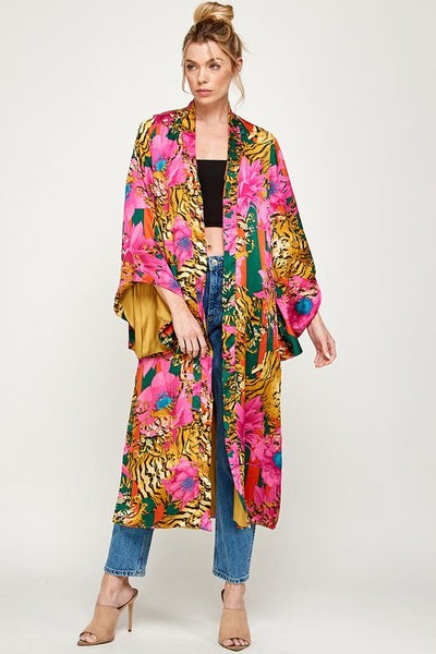Tiger & Floral Print Kimono Robe