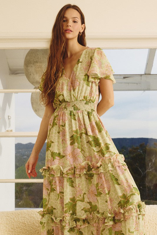 ruffle layered maxi dress Gather Me Close Tiered Style DR5060 90s Rose Floral Button 24awbs Color:Versailles