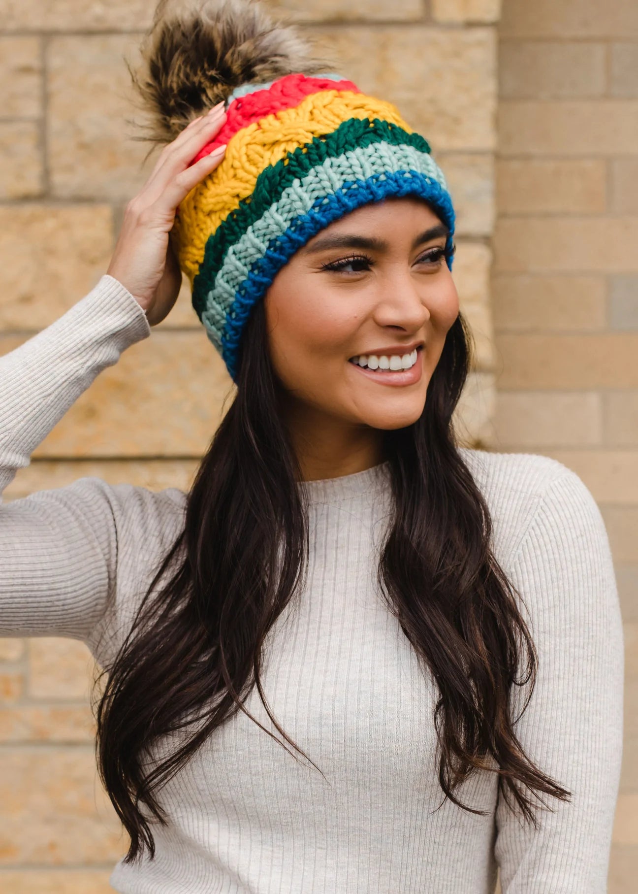Multicolor Stripe Knit Hat with Pom